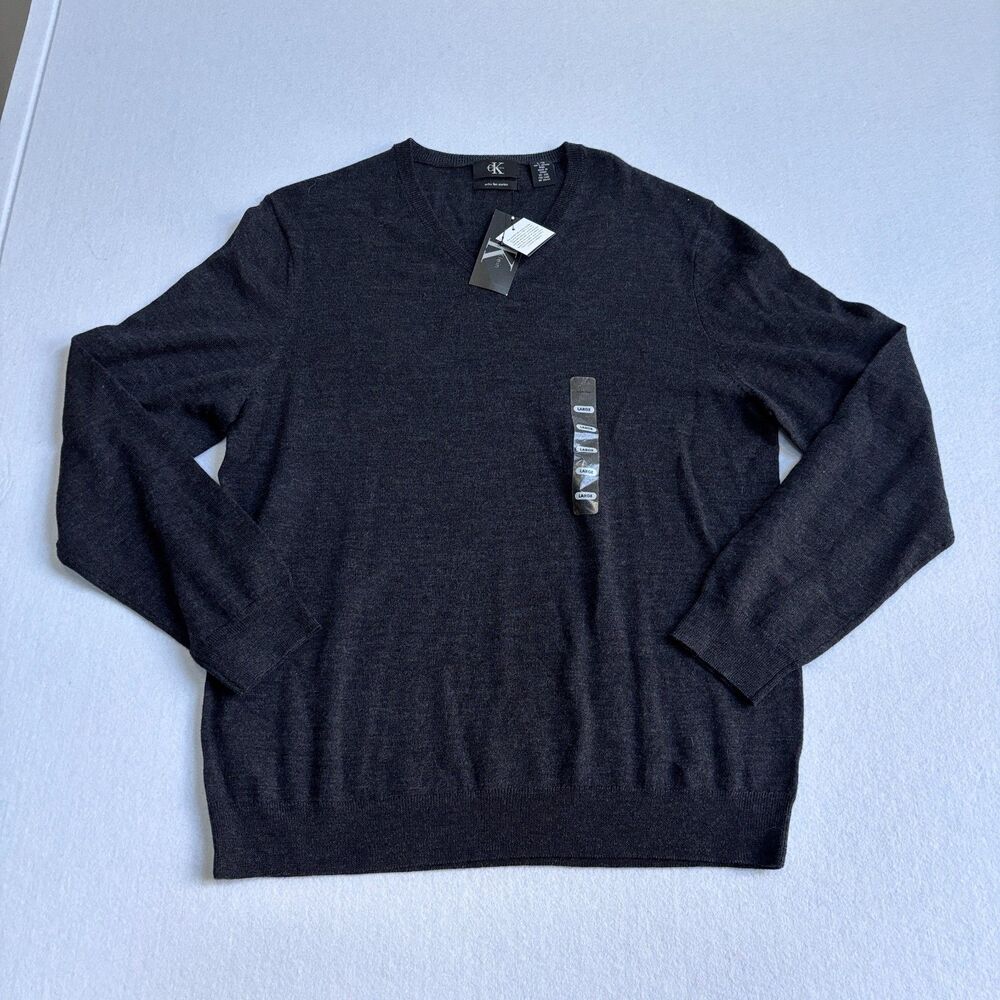 Calvin Klein Merino Wool Sweater Mens L Gray V Neck Preppy Soft Cozy Warm NWT